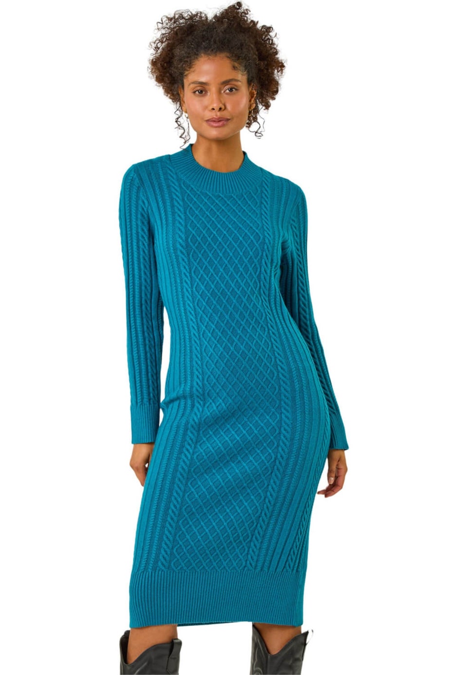 Dusk Teal Cable Knit Midi Jumper Dress
