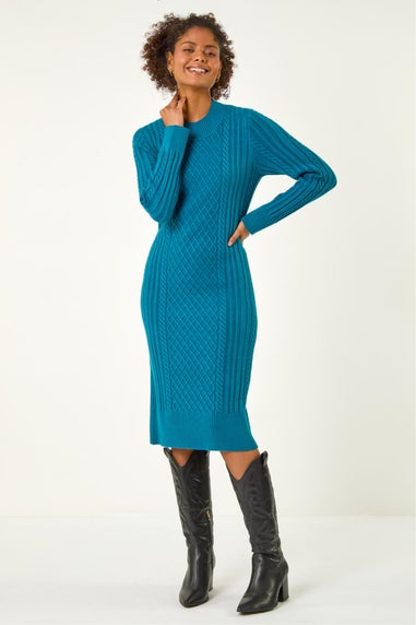 Dusk Teal Cable Knit Midi Jumper Dress