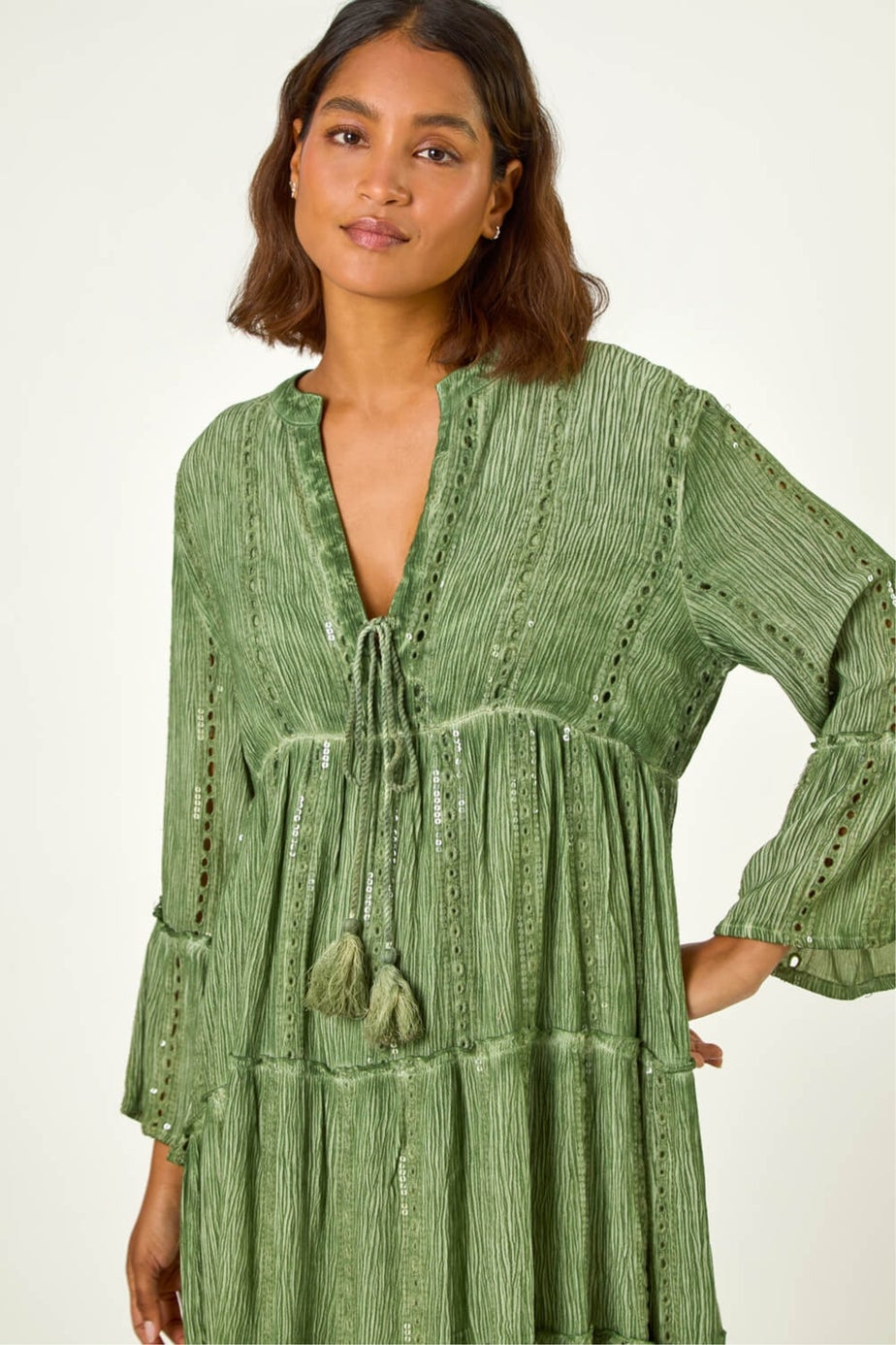 Roman Green Shimmer Tie Detail Smock Dress