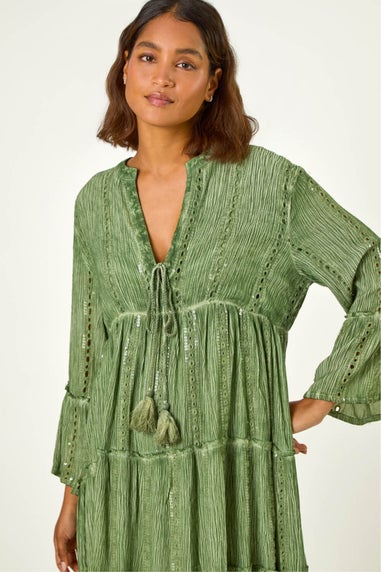 Roman Green Shimmer Tie Detail Smock Dress