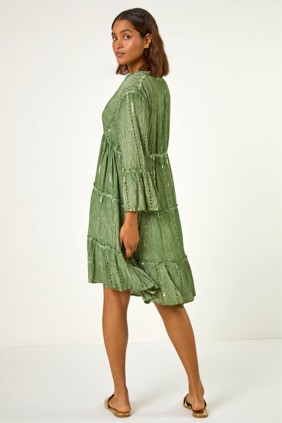 Roman Green Shimmer Tie Detail Smock Dress