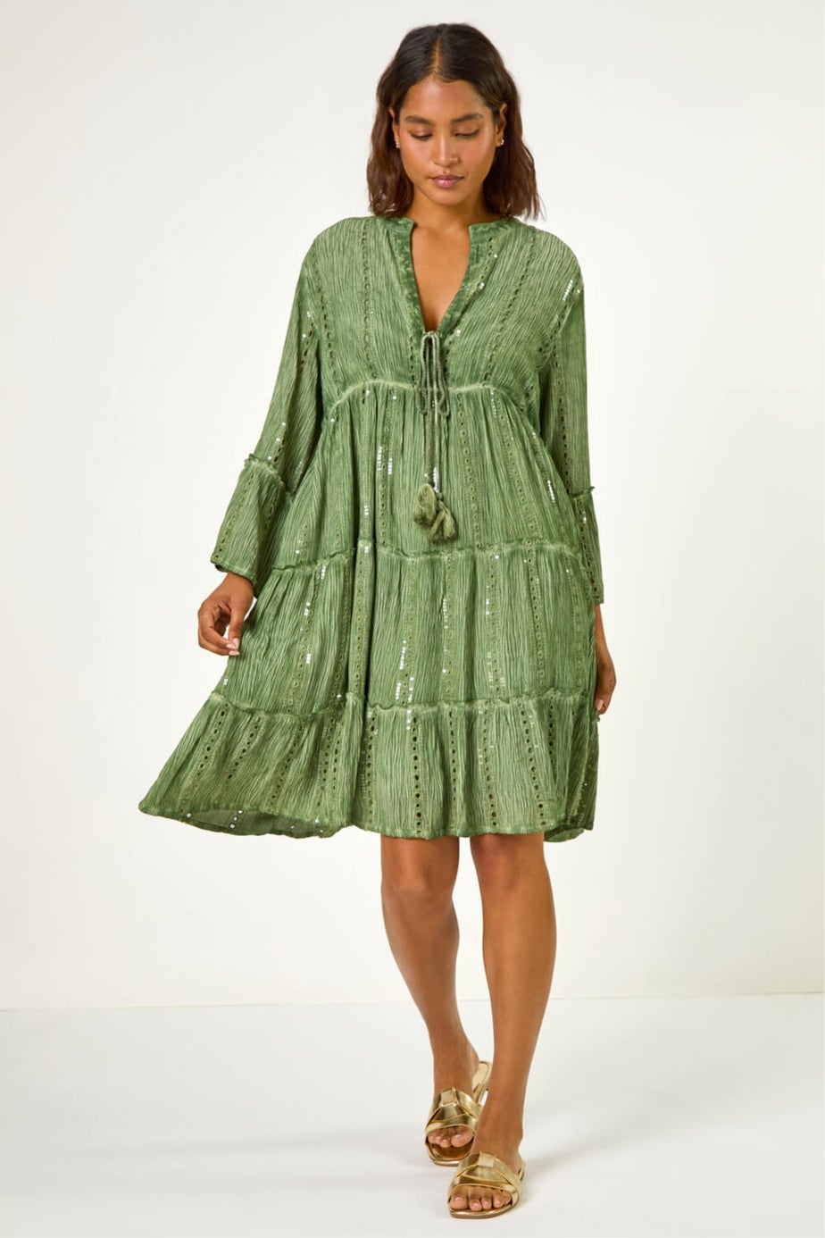 Roman Green Shimmer Tie Detail Smock Dress