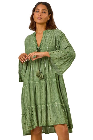 Roman Green Shimmer Tie Detail Smock Dress