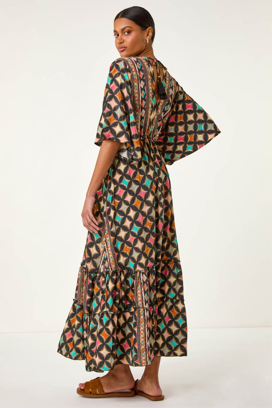 Roman Black Geo Print V-Neck Frill Maxi Dress