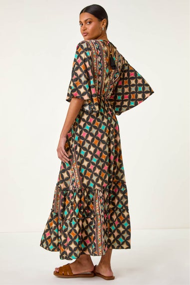 Roman Black Geo Print V-Neck Frill Maxi Dress