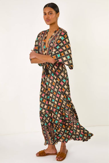 Roman Black Geo Print V-Neck Frill Maxi Dress