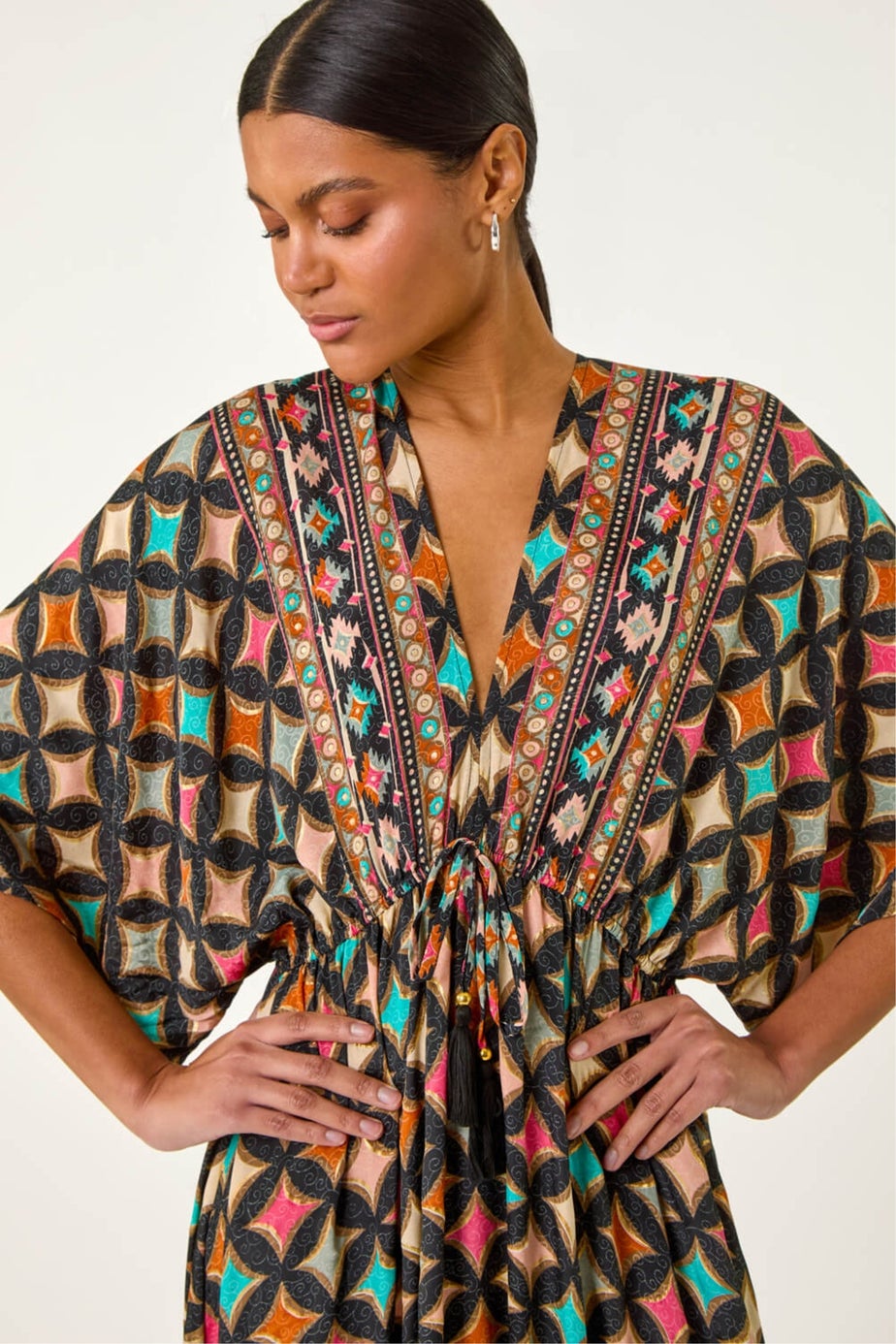 Roman Black Geo Print V-Neck Frill Maxi Dress