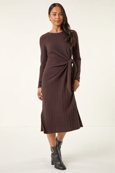 Roman Chocolate Petite Brushed Tie Waist Stretch Midi Dress