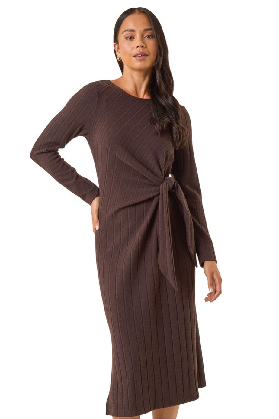 Roman Chocolate Petite Brushed Tie Waist Stretch Midi Dress