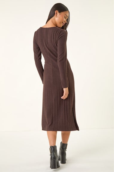 Roman Chocolate Petite Brushed Tie Waist Stretch Midi Dress