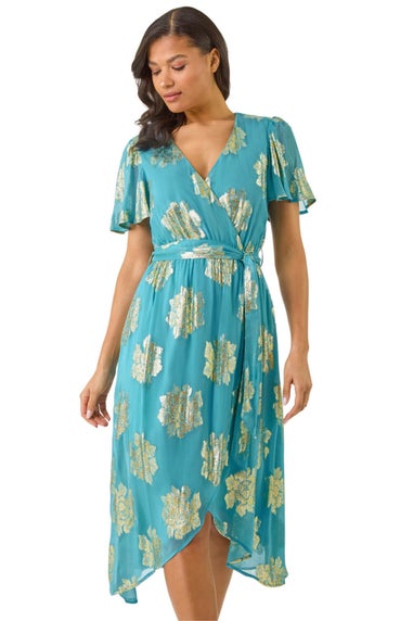 Roman Blue Jacquard Midi Wrap Dress