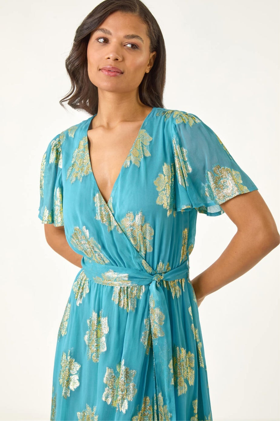 Roman Blue Jacquard Midi Wrap Dress