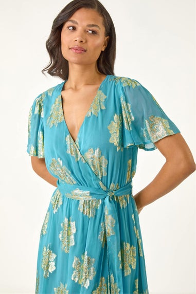 Roman Blue Jacquard Midi Wrap Dress