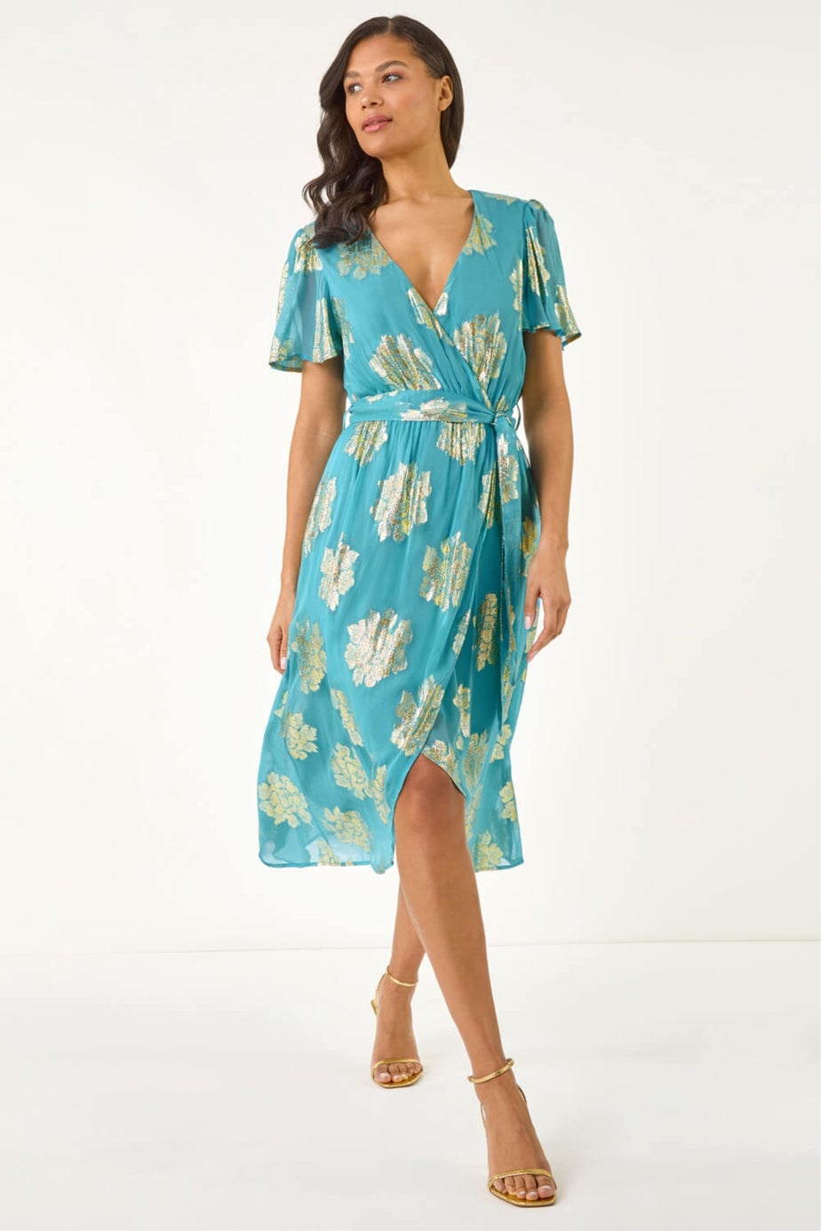 Roman Blue Jacquard Midi Wrap Dress