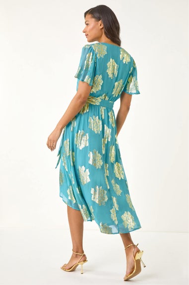 Roman Blue Jacquard Midi Wrap Dress