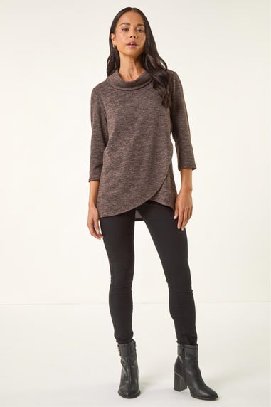 Roman Brown Petite Brushed Knit Wrap Top