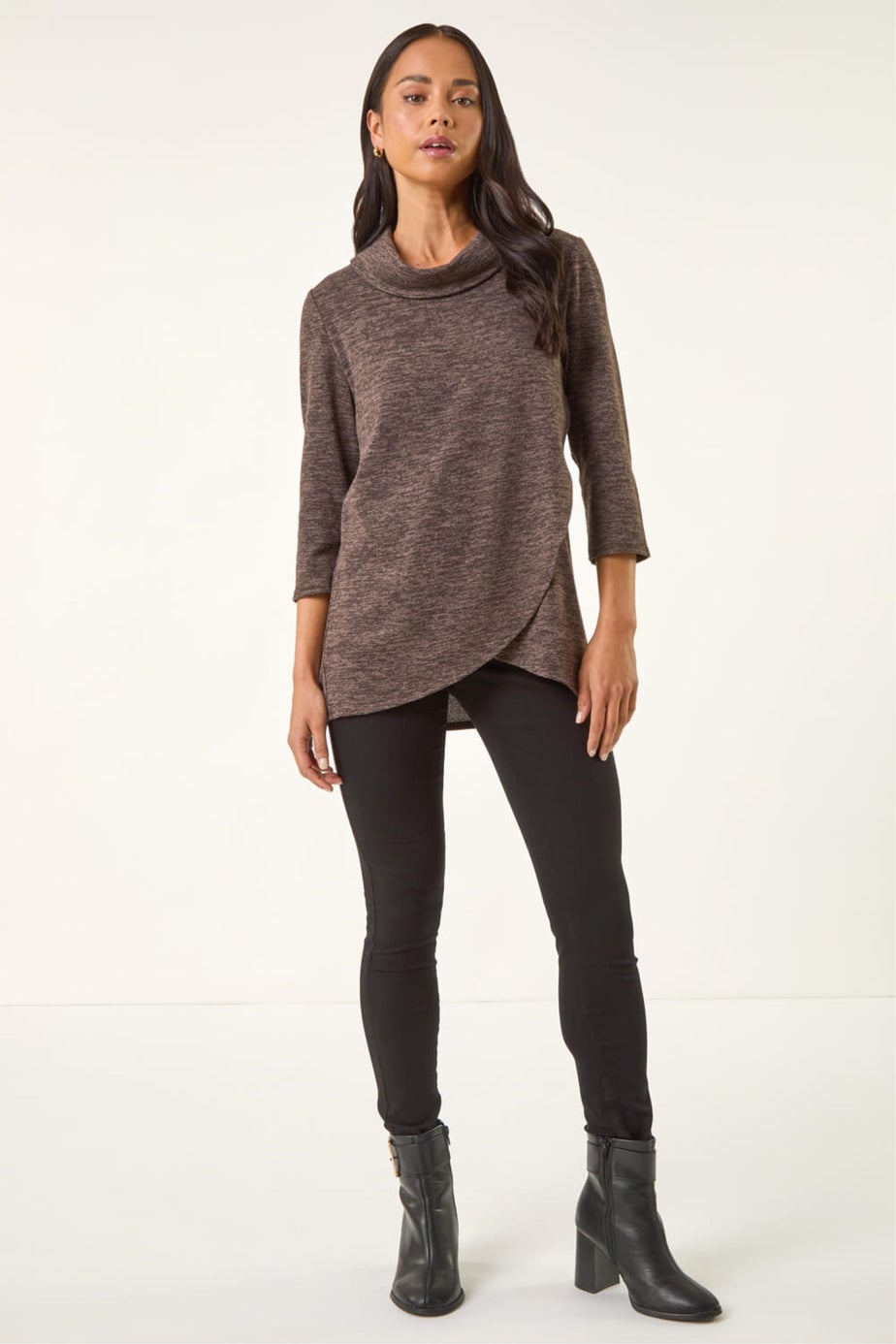 Roman Brown Petite Brushed Knit Wrap Top