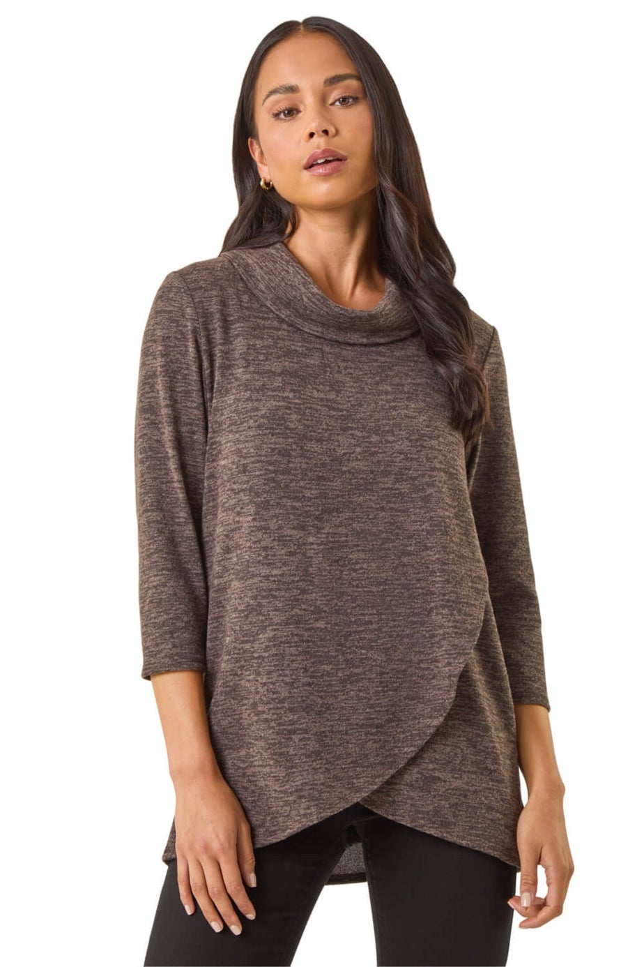 Roman Brown Petite Brushed Knit Wrap Top
