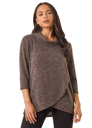 Roman Brown Petite Brushed Knit Wrap Top