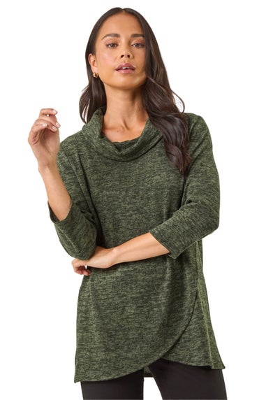 Roman Khaki Petite Brushed Knit Wrap Top