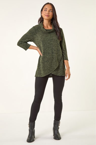 Roman Khaki Petite Brushed Knit Wrap Top