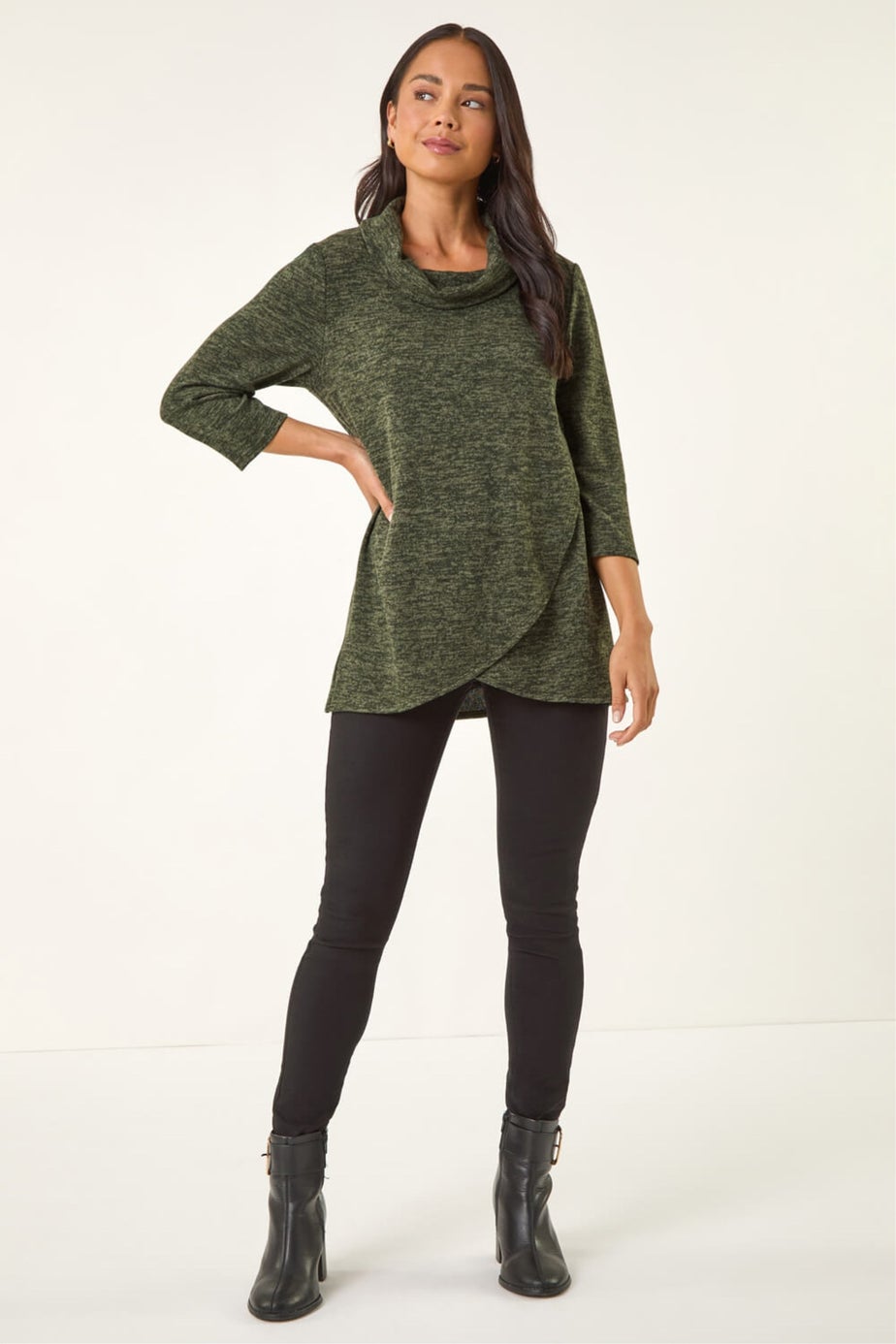 Roman Khaki Petite Brushed Knit Wrap Top