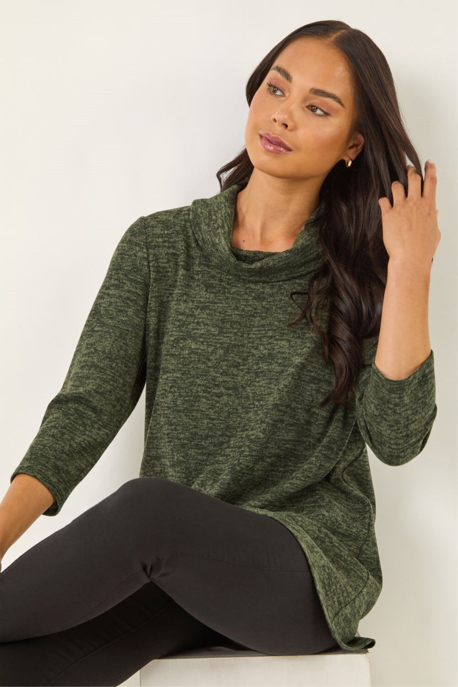 Roman Khaki Petite Brushed Knit Wrap Top