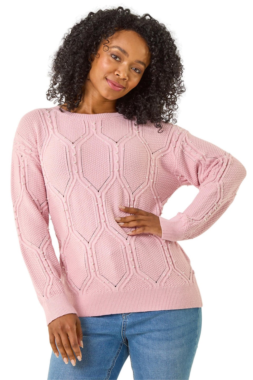Roman Pink Petite Faux Pearl Knit Jumper