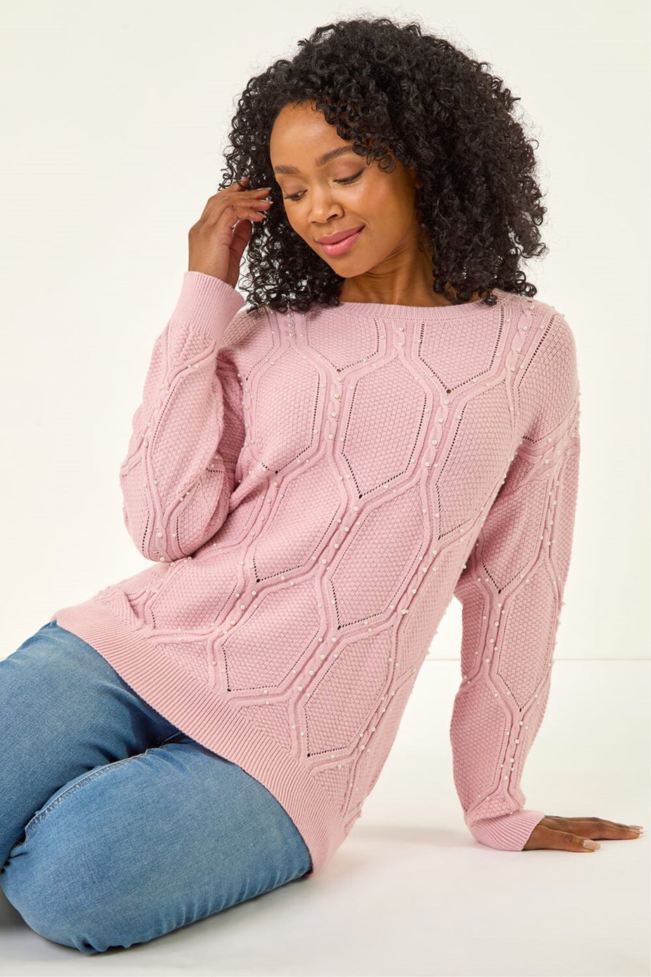 Roman Pink Petite Faux Pearl Knit Jumper