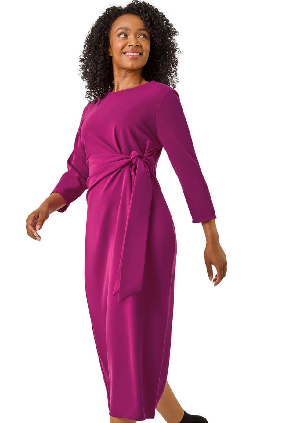 Roman Magenta Petite Tie Waist Stretch Midi Dress