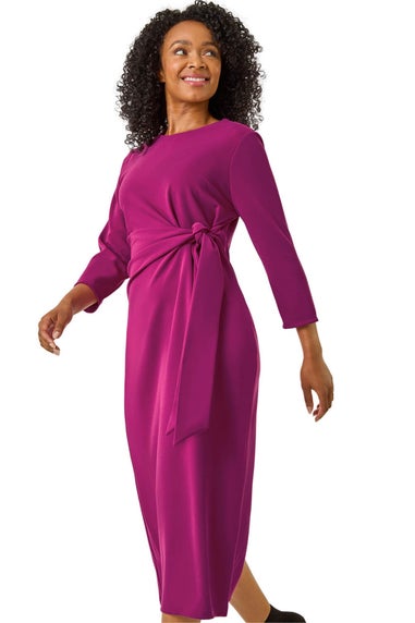 Roman Magenta Petite Tie Waist Stretch Midi Dress
