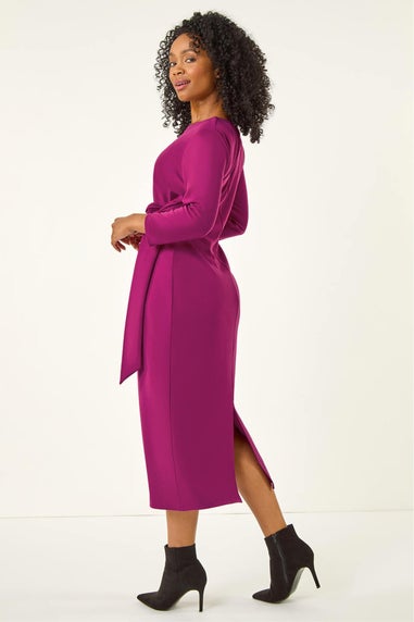 Roman Magenta Petite Tie Waist Stretch Midi Dress