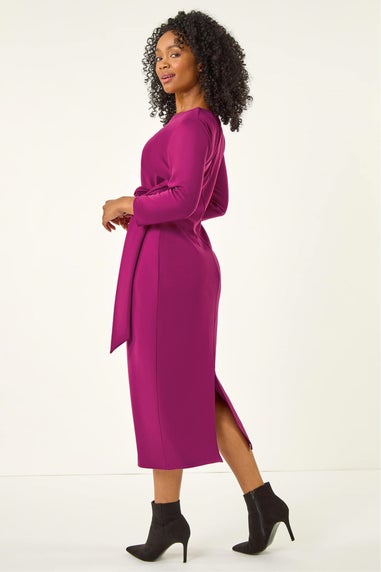 Roman Magenta Petite Tie Waist Stretch Midi Dress