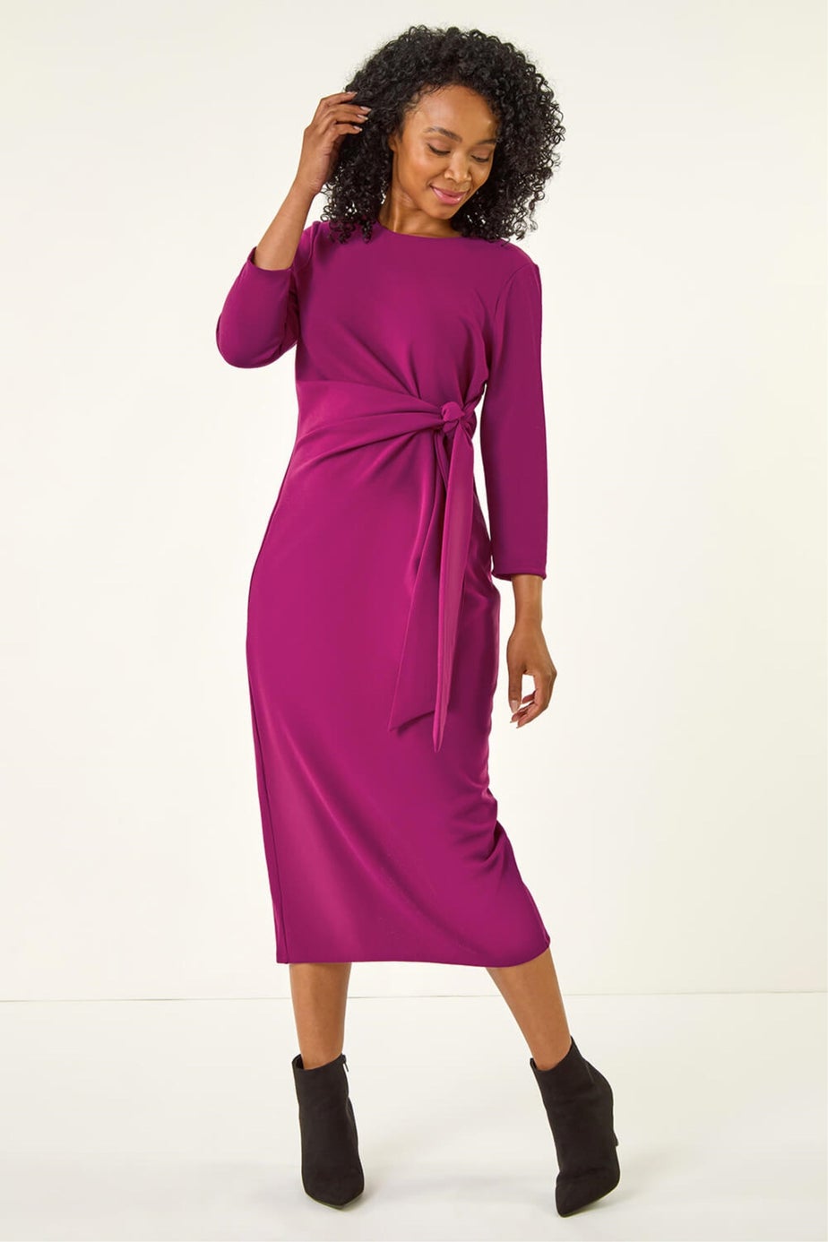 Roman Magenta Petite Tie Waist Stretch Midi Dress