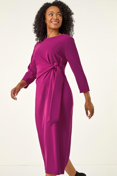 Roman Magenta Petite Tie Waist Stretch Midi Dress