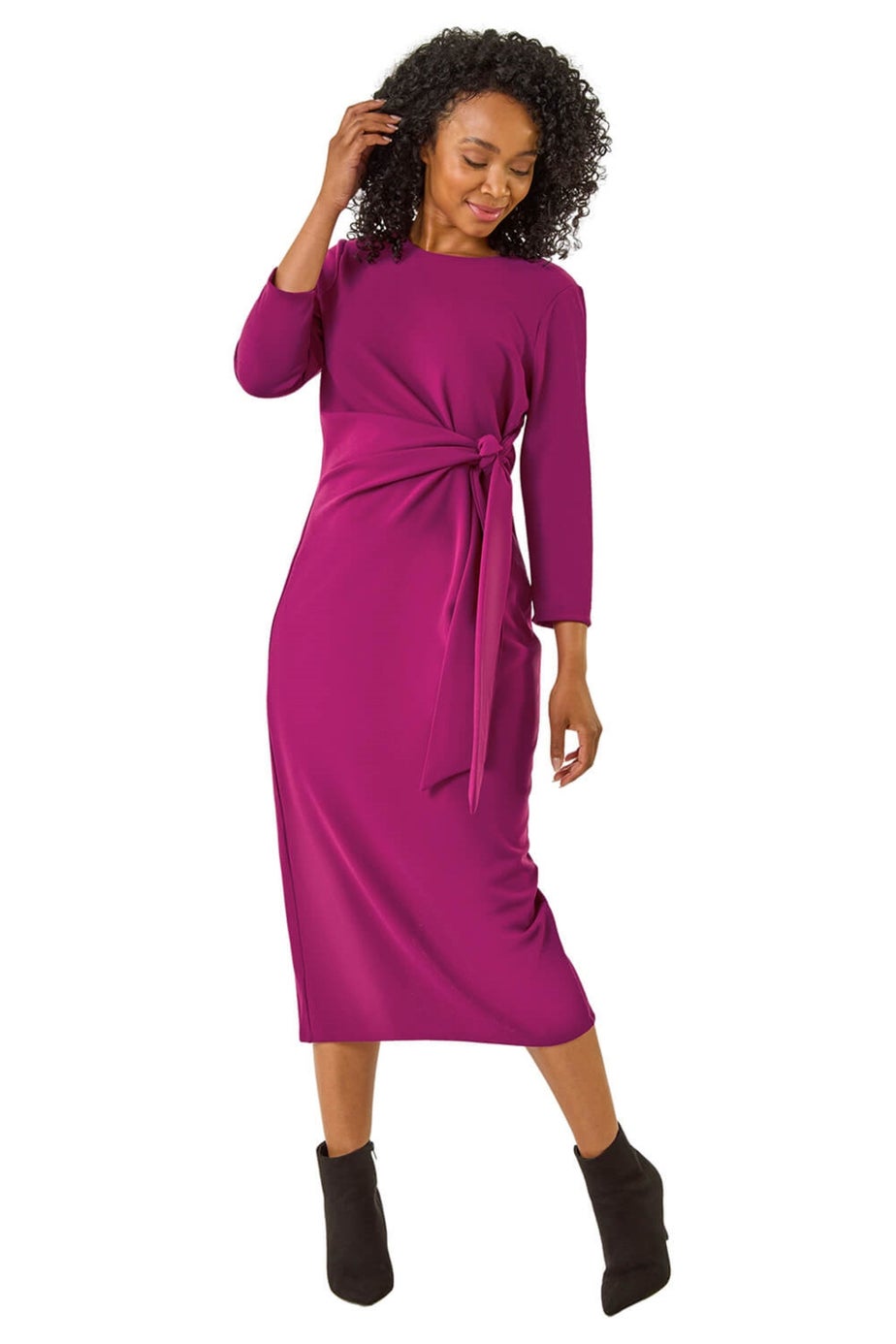 Roman Magenta Petite Tie Waist Stretch Midi Dress