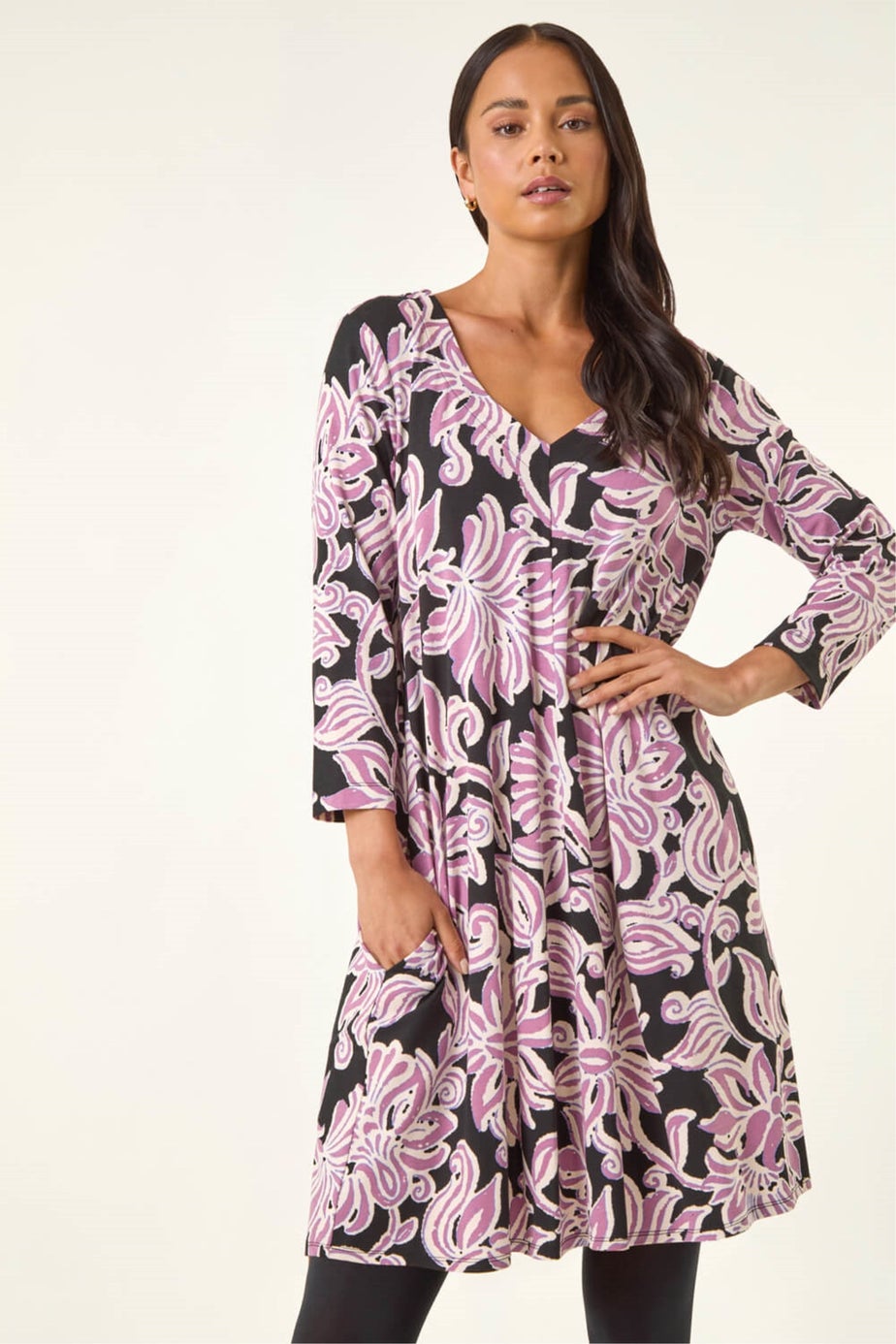 Roman Pink Petite V-Neck Swing Dress