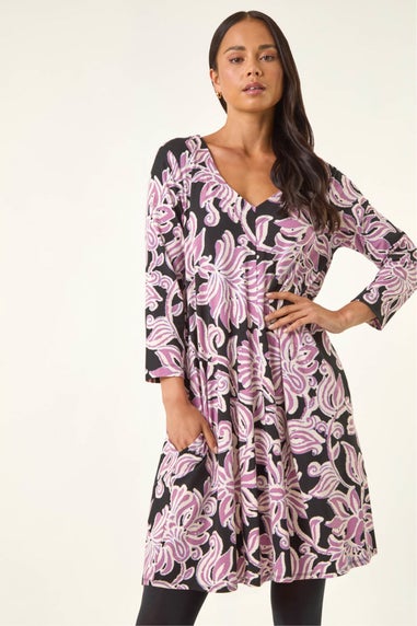 Roman Pink Petite V-Neck Swing Dress