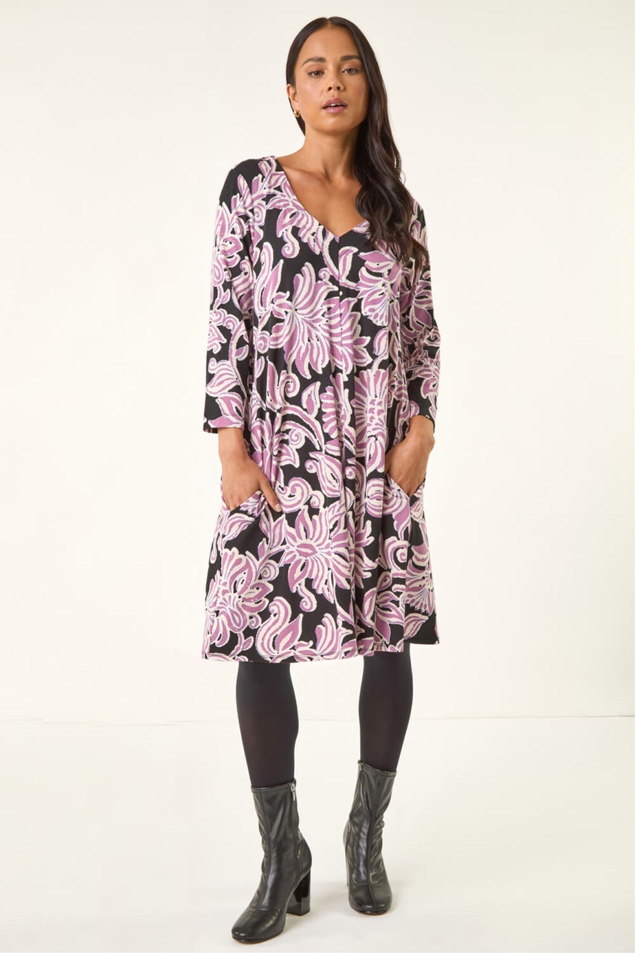 Roman Pink Petite V-Neck Swing Dress