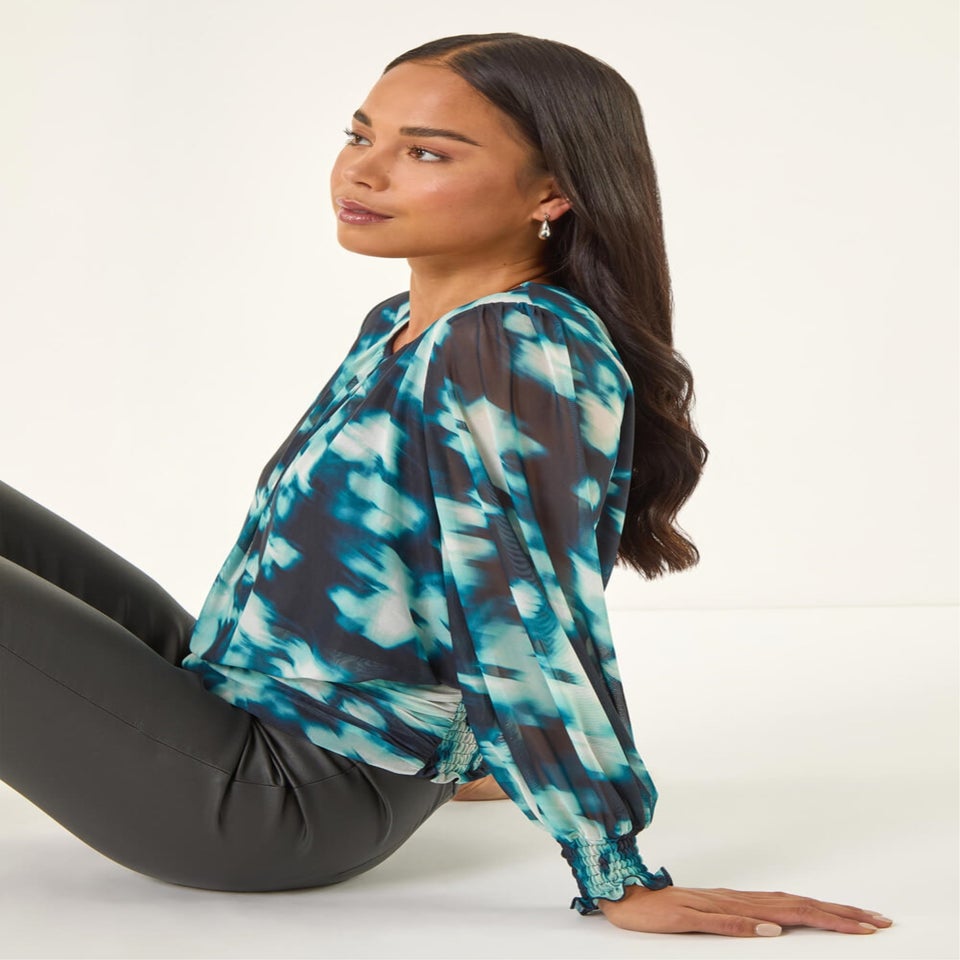 Roman Teal Petite Mesh Blouson Top