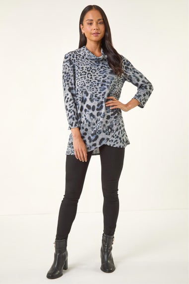 Roman Grey Petite Brushed Animal Print Wrap Top