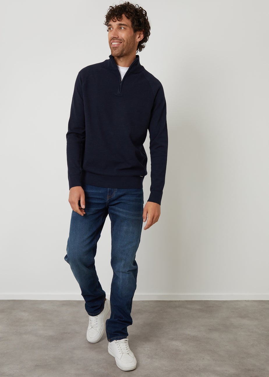 Threadbare Navy Textured Knit Quarter Zip Jumper