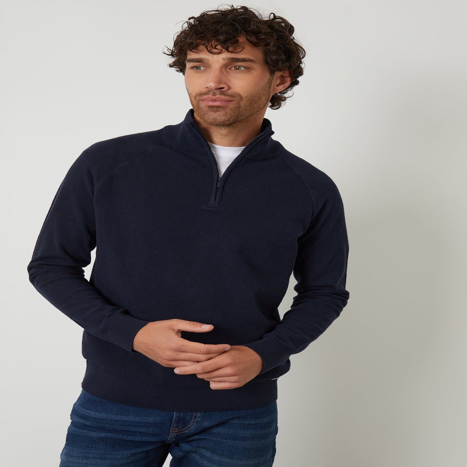 Threadbare Navy Textured Knit Quarter Zip Jumper