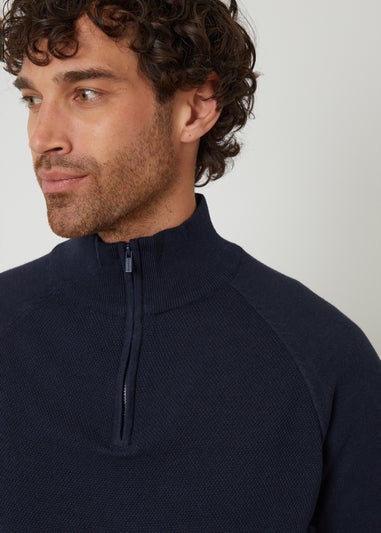 Threadbare Navy Textured Knit Quarter Zip Jumper