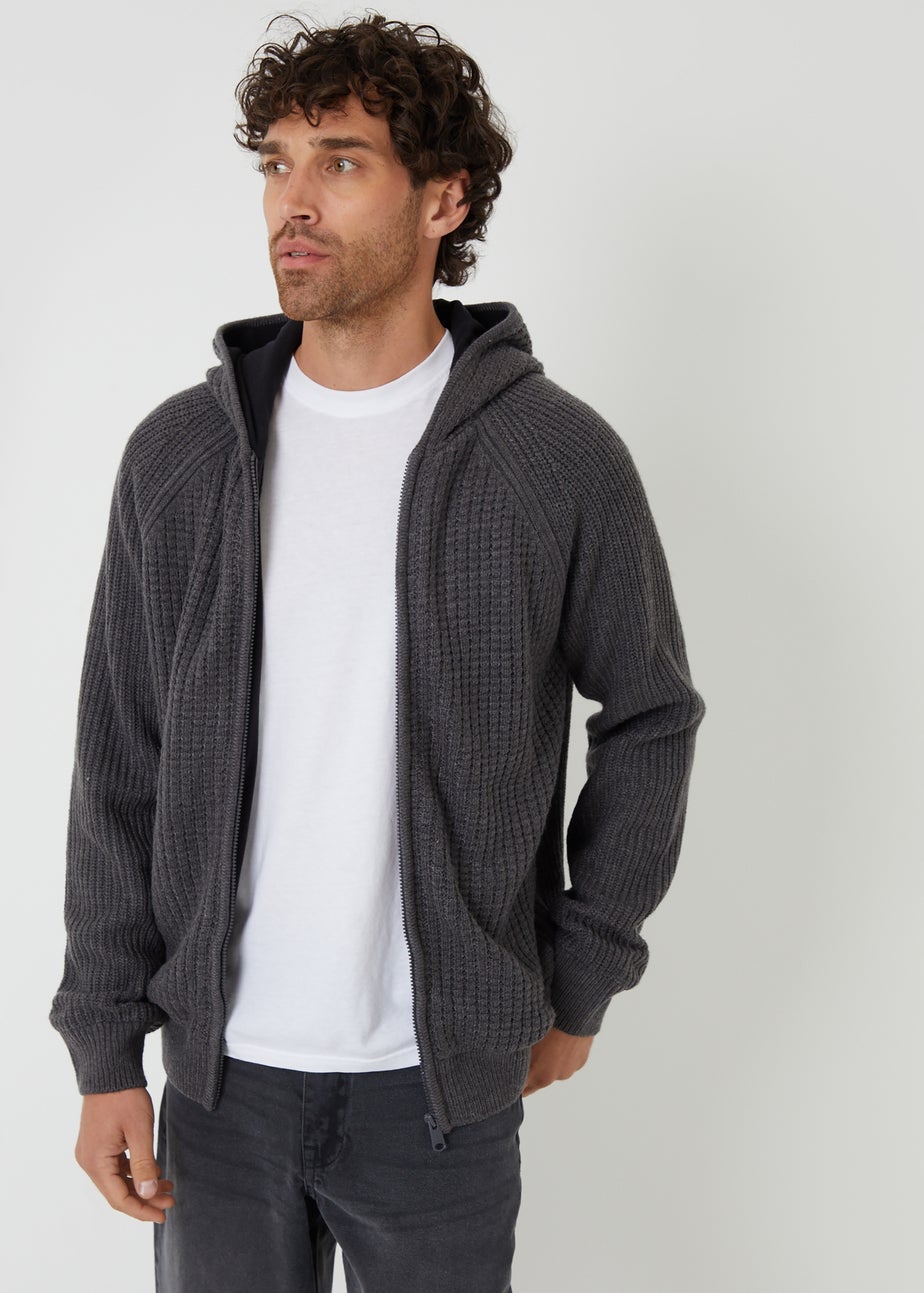 Threadbare Charcoal Zip-Up Knitted Hoodie with Microfleece Lining