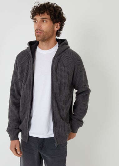 Threadbare Charcoal Zip-Up Knitted Hoodie with Microfleece Lining
