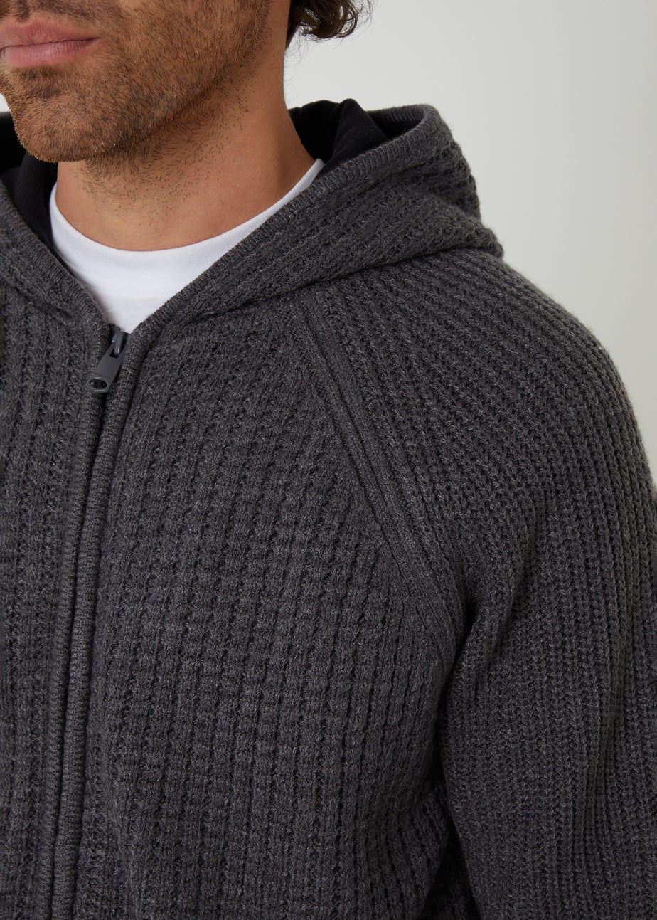 Threadbare Charcoal Zip-Up Knitted Hoodie with Microfleece Lining