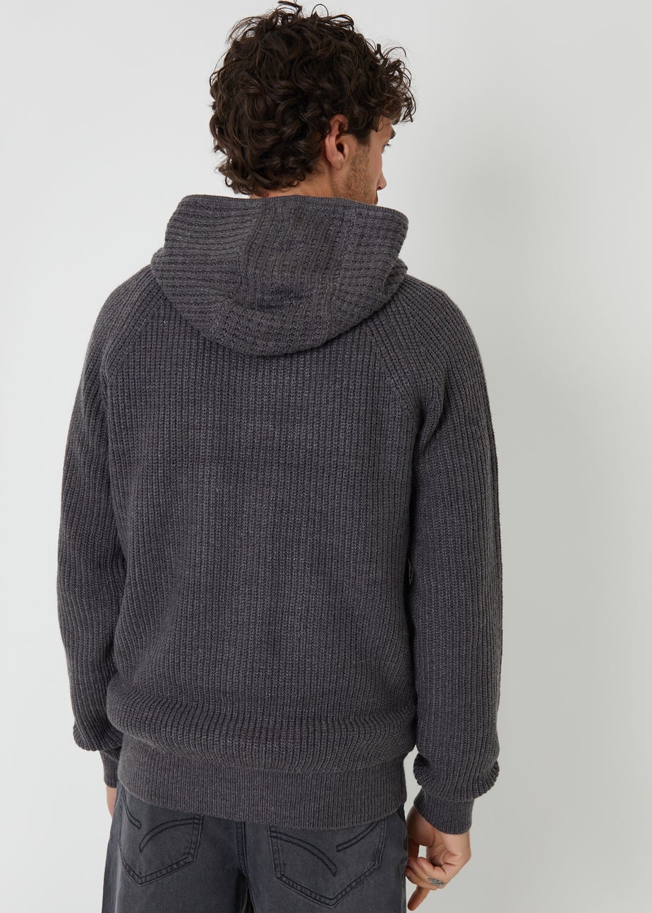 Threadbare Charcoal Zip-Up Knitted Hoodie with Microfleece Lining