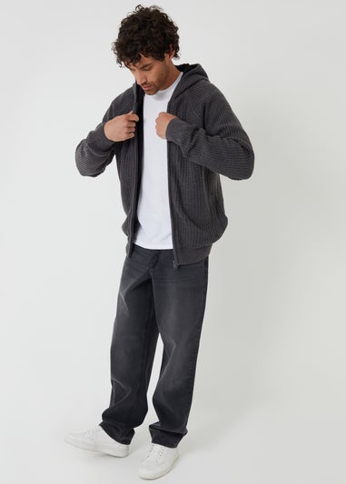 Threadbare Charcoal Zip-Up Knitted Hoodie with Microfleece Lining