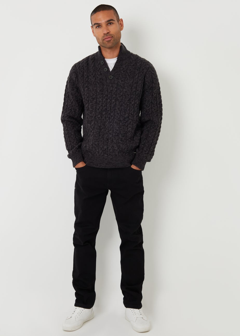 Threadbare Black Mock Tee Funnel Neck Cable Knit Jumper